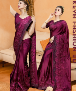 এক্সক্লুসিভ ইন্ডিয়ান ইন্ডিয়ান বিচিত্রা সিল্ক পার্পেল এমব্রয়ডারি কাজ করা পার্টি শাড়ি