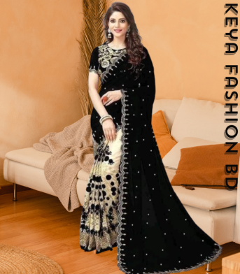 এক্সক্লুসিভ ইন্ডিয়ান ওয়েটলেস জর্জেট  কালো/বিস্কিট  এমব্রয়ডারি করা পার্টি শাড়ি