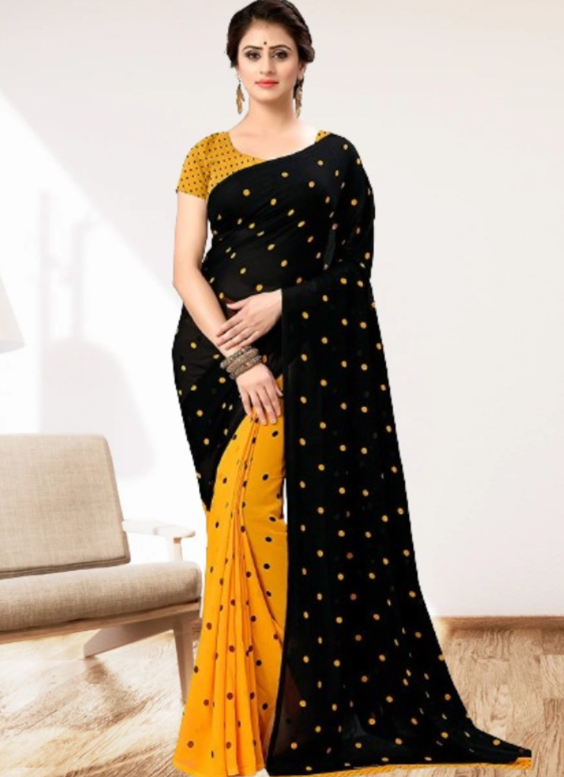 এক্সক্লুসিভ ইন্ডিয়ান ওয়েটলেস জর্জেট কালো/হলুদ এমব্রয়ডারি করা পার্টি শাড়ি