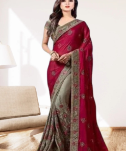 এক্সক্লুসিভ ইন্ডিয়ান ওয়েটলেস জর্জেট মেরুন/অ্যাশ এমব্রয়ডারি করা পার্টি শাড়ি