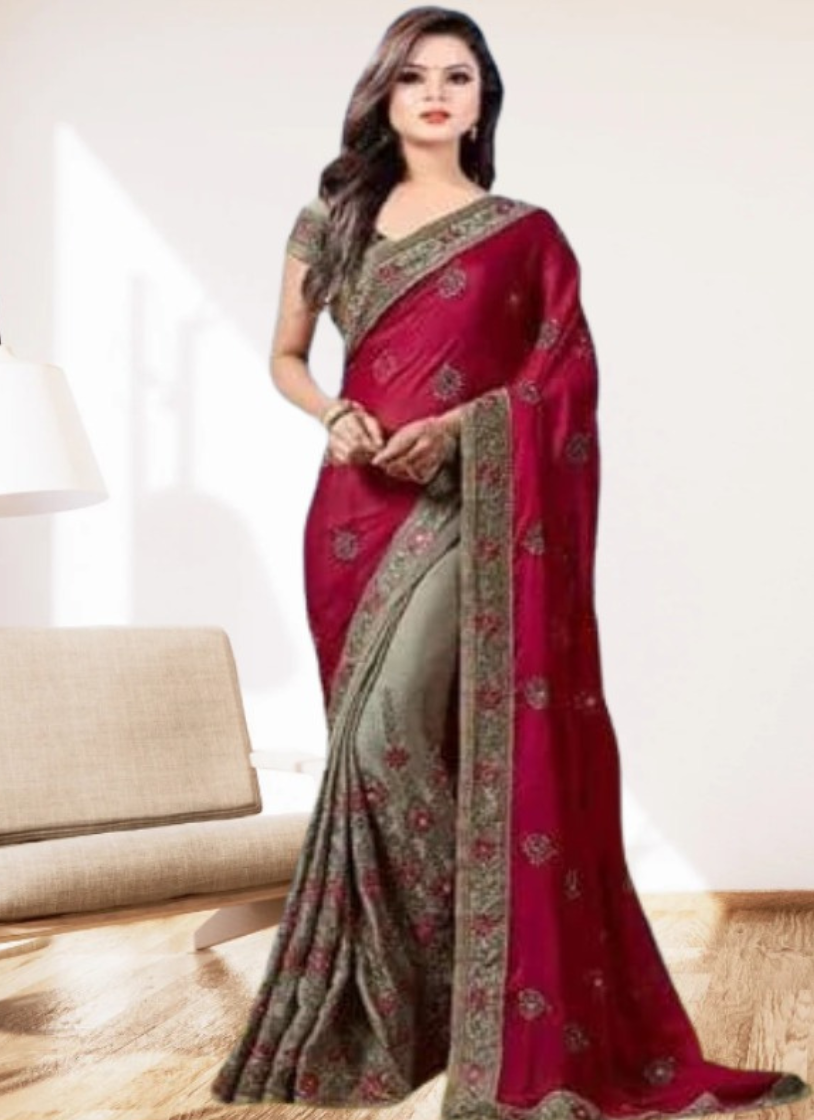 এক্সক্লুসিভ ইন্ডিয়ান ওয়েটলেস জর্জেট মেরুন/অ্যাশ এমব্রয়ডারি করা পার্টি শাড়ি