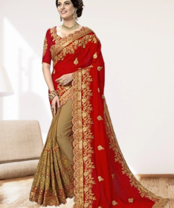 এক্সক্লুসিভ ইন্ডিয়ান ওয়েটলেস জর্জেট লাল/বিস্কুট এমব্রয়ডারি করা পার্টি  শাড়ি