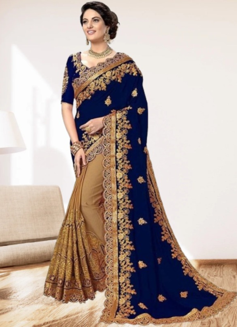 এক্সক্লুসিভ ইন্ডিয়ান ওয়েটলেস জর্জেট ব্লু/বিস্কুট এমব্রয়ডারি করা পার্টি শাড়ি