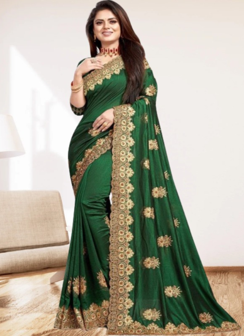 এক্সক্লুসিভ ইন্ডিয়ান ইন্ডিয়ান বিচিত্রা সিল্ক সবুজ এমব্রয়ডারি কাজ করা পার্টি শাড়ি