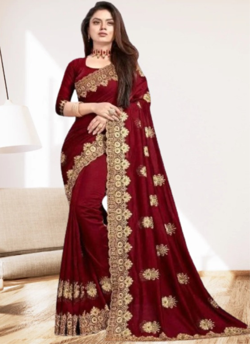 এক্সক্লুসিভ ইন্ডিয়ান বিচিত্রা সিল্ক মেরুন এমব্রয়ডারি কাজ করা পার্টি শাড়ি