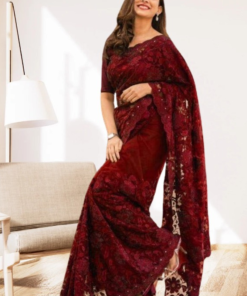 এক্সক্লুসিভ ইন্ডিয়ান ইন্ডিয়ান বিচিত্রা সিল্ক মেরুন এমব্রয়ডারি কাজ করা পার্টি শাড়ি