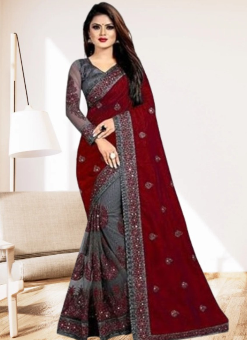 এক্সক্লুসিভ ইন্ডিয়ান ওয়েটলেস জর্জেট মেরুন/অ্যাশ এমব্রয়ডারি করা পার্টি শাড়ি