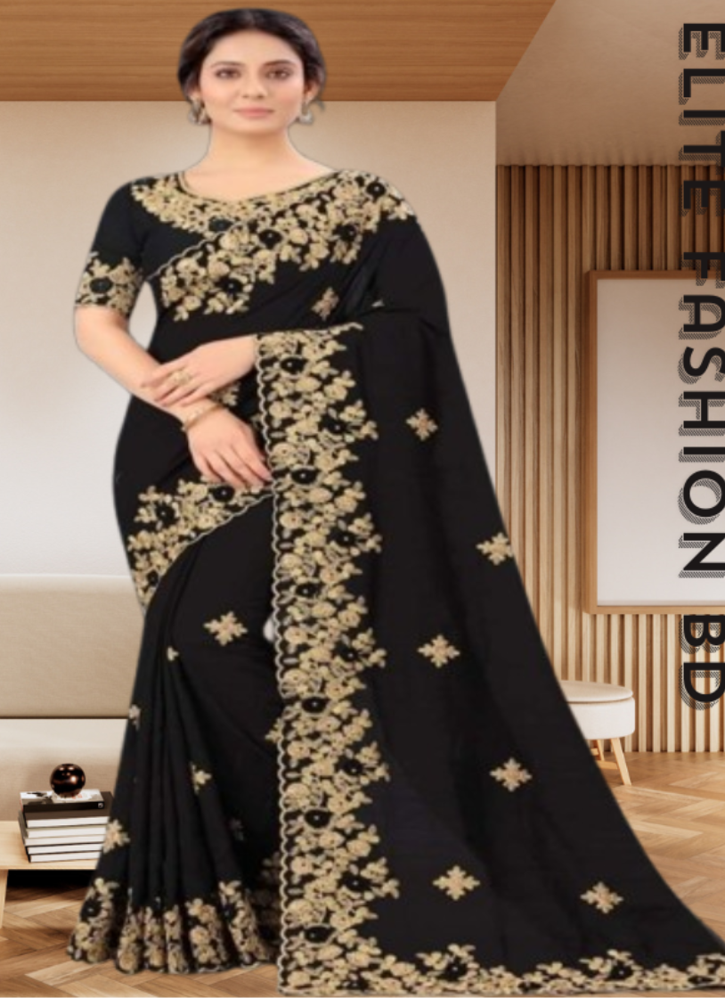 এক্সক্লুসিভ ইন্ডিয়ান ওয়েটলেস জর্জেট কালো এমব্রয়ডারি করা পার্টি শাড়ি