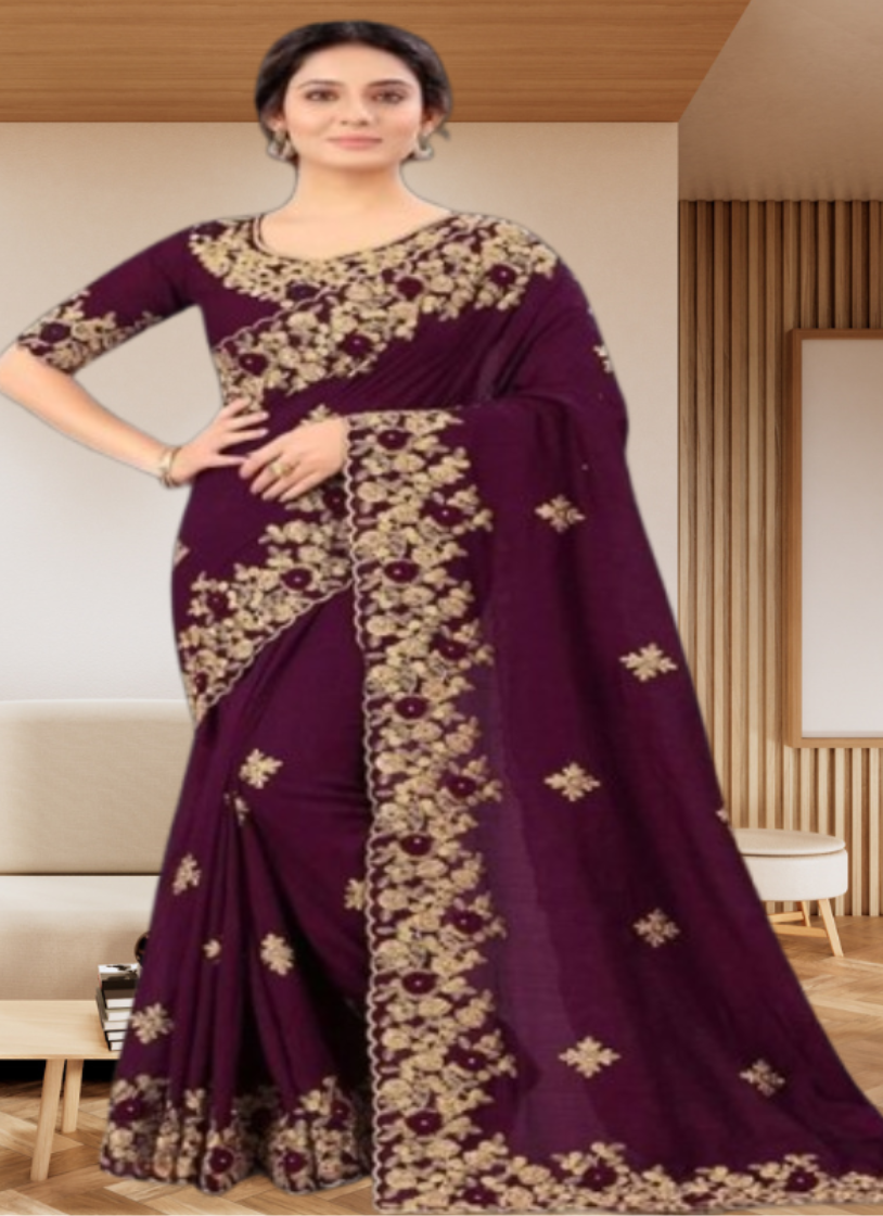 এক্সক্লুসিভ ইন্ডিয়ান ওয়েটলেস জর্জেট পার্পেল এমব্রয়ডারি করা পার্টি শাড়ি