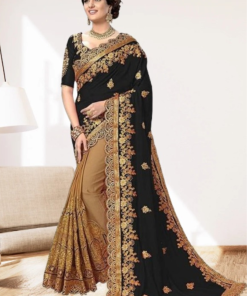 এক্সক্লুসিভ ইন্ডিয়ান ওয়েটলেস জর্জেট কালো/বিস্কিট এমব্রয়ডারি করা পার্টি শাড়ি