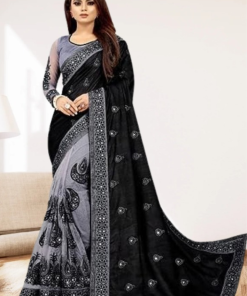 এক্সক্লুসিভ ইন্ডিয়ান ওয়েটলেস জর্জেট কালো /অ্যাশ এমব্রয়ডারি করা পার্টি শাড়ি