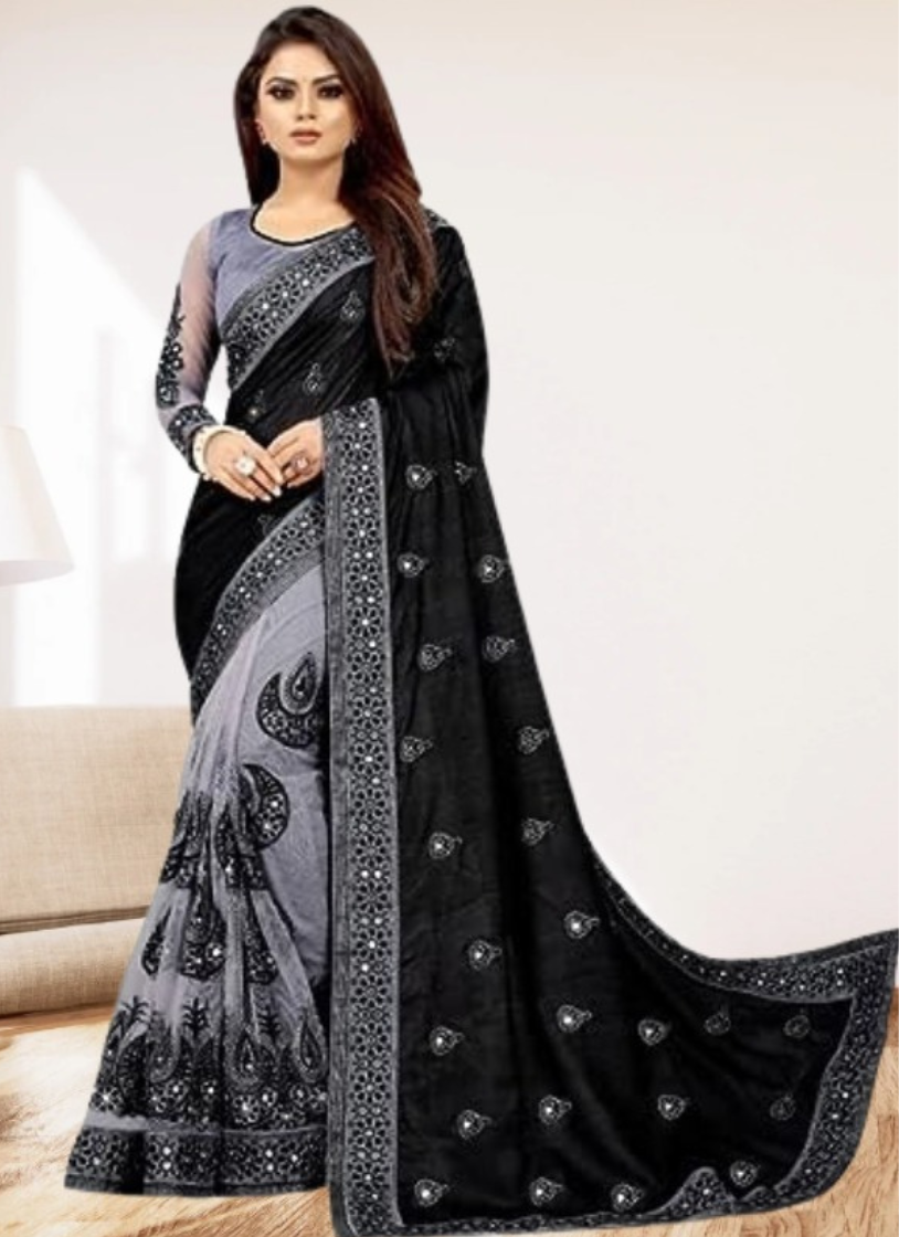 এক্সক্লুসিভ ইন্ডিয়ান ওয়েটলেস জর্জেট কালো /অ্যাশ এমব্রয়ডারি করা পার্টি শাড়ি