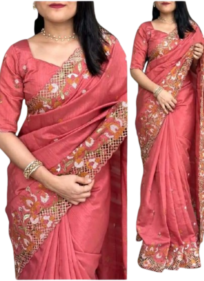 এক্সক্লুসিভ ইন্ডিয়ান বিচিত্রা সিল্ক মিষ্টি এমব্রয়ডারি কাজ করা পার্টি শাড়ি