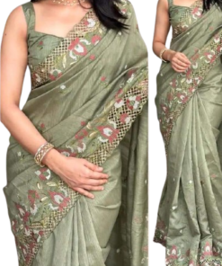 এক্সক্লুসিভ ইন্ডিয়ান বিচিত্রা সিল্ক ডাস্ট গ্রিন এমব্রয়ডারি কাজ করা পার্টি শাড়ি