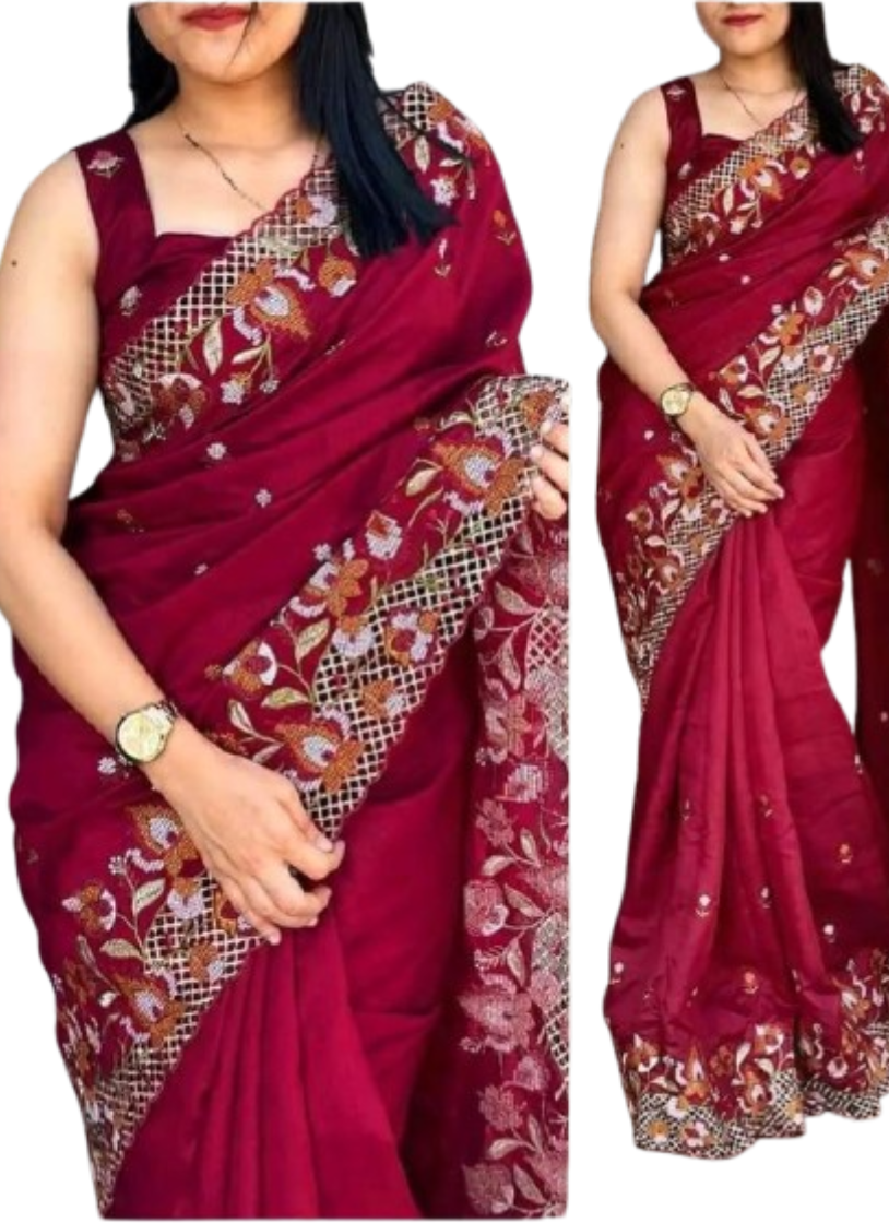 এক্সক্লুসিভ ইন্ডিয়ান বিচিত্রা সিল্ক মেরুন এমব্রয়ডারি কাজ করা পার্টি শাড়ি