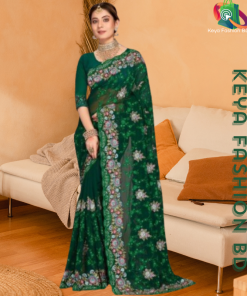 এক্সক্লুসিভ ইন্ডিয়ান ওয়েটলেস জর্জেট সবুজ এমব্রয়ডারি এবং স্টোন করা পার্টি শাড়ি