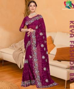 এক্সক্লুসিভ ইন্ডিয়ান ওয়েটলেস জর্জেট গাঢ় বেগুনি এমব্রয়ডারি এবং স্টোন করা পার্টি শাড়ি