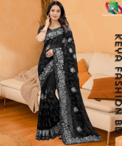 এক্সক্লুসিভ ইন্ডিয়ান ওয়েটলেস জর্জেট কালো এমব্রয়ডারি এবং স্টোন করা পার্টি শাড়ী