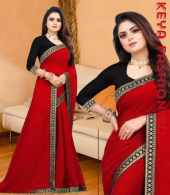 এক্সক্লুসিভ ইন্ডিয়ান ওয়েটলেস জর্জেট লাল প্যানেল এমব্রয়ডারি করা পার্টি শাড়ি