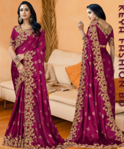 এক্সক্লুসিভ ইন্ডিয়ান বিচিত্রা সিল্ক কাপড়ের উপরে পার্পেল এমব্রয়ডারি কাজ করা পার্টি শাড়ি