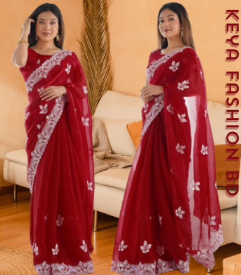 এক্সক্লুসিভ ইন্ডিয়ান ওয়েটলেস জর্জেট লাল এমব্রয়ডারি করা পার্টি শাড়ি