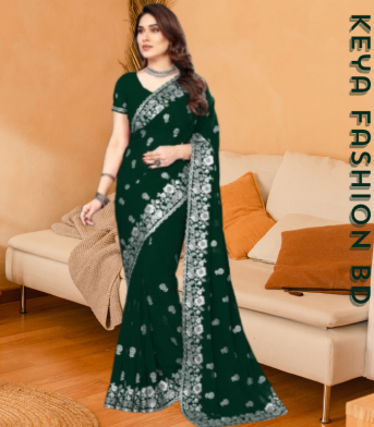 এক্সক্লুসিভ ইন্ডিয়ান ওয়েটলেস জর্জেট সবুজ এমব্রয়ডারি এবং স্টোন করা পার্টি শাড়ি
