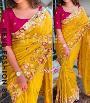 এক্সক্লুসিভ ইন্ডিয়ান বিচিত্রা সিল্ক হলুদ এমব্রয়ডারি কাজ করা পার্টি শাড়ি