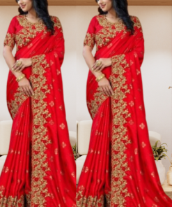 এক্সক্লুসিভ ইন্ডিয়ান ওয়েটলেস জর্জেট লাল এমব্রয়ডারি করা পার্টি শাড়ি