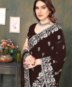 Alternative view of এক্সক্লুসিভ ইন্ডিয়ান ওয়েটলেস জর্জেট ব্রাউন  এমব্রয়ডারি এবং স্টোন করা পার্টি শাড়ি