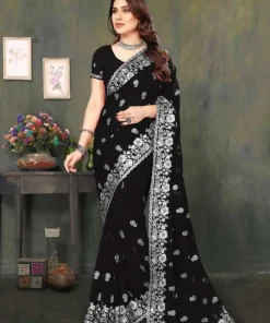 এক্সক্লুসিভ ইন্ডিয়ান ওয়েটলেস জর্জেট কালো এমব্রয়ডারি এবং স্টোন করা পার্টি শাড়ি