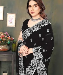 Alternative view of এক্সক্লুসিভ ইন্ডিয়ান ওয়েটলেস জর্জেট কালো এমব্রয়ডারি এবং স্টোন করা পার্টি শাড়ি