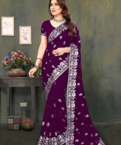 এক্সক্লুসিভ ইন্ডিয়ান ওয়েটলেস জর্জেট গাঢ় বেগুনি এমব্রয়ডারি এবং স্টোন করা পার্টি শাড়ি