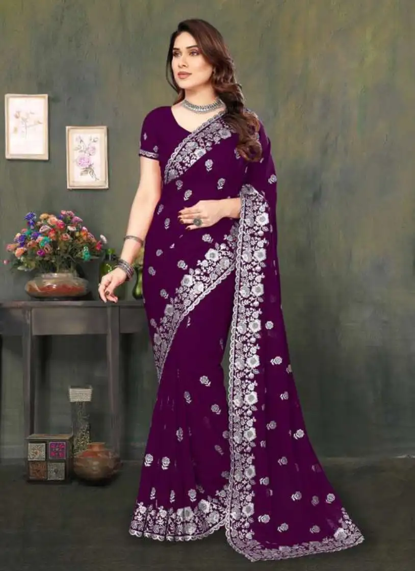 এক্সক্লুসিভ ইন্ডিয়ান ওয়েটলেস জর্জেট গাঢ় বেগুনি এমব্রয়ডারি এবং স্টোন করা পার্টি শাড়ি