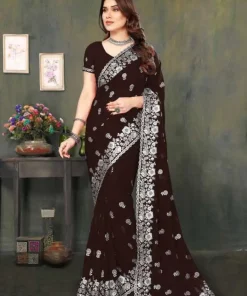 এক্সক্লুসিভ ইন্ডিয়ান ওয়েটলেস জর্জেট ব্রাউন এমব্রয়ডারি এবং স্টোন করা পার্টি শাড়ি