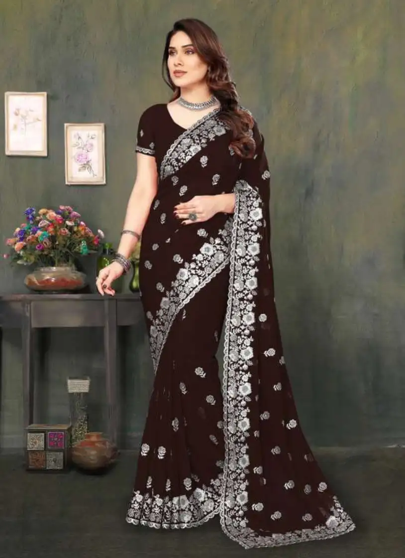 এক্সক্লুসিভ ইন্ডিয়ান ওয়েটলেস জর্জেট ব্রাউন এমব্রয়ডারি এবং স্টোন করা পার্টি শাড়ি