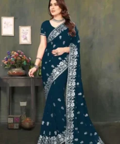 এক্সক্লুসিভ ইন্ডিয়ান ওয়েটলেস জর্জেট ব্লু এমব্রয়ডারি এবং স্টোন করা পার্টি শাড়ি