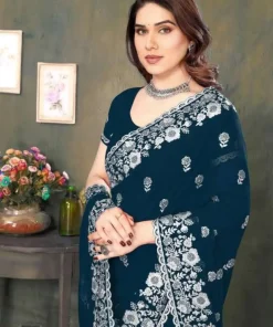 Alternative view of এক্সক্লুসিভ ইন্ডিয়ান ওয়েটলেস জর্জেট ব্লু এমব্রয়ডারি এবং স্টোন করা পার্টি শাড়ি