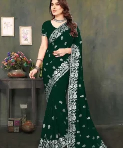 এক্সক্লুসিভ ইন্ডিয়ান ওয়েটলেস জর্জেট সবুজ এমব্রয়ডারি এবং স্টোন করা পার্টি শাড়ি