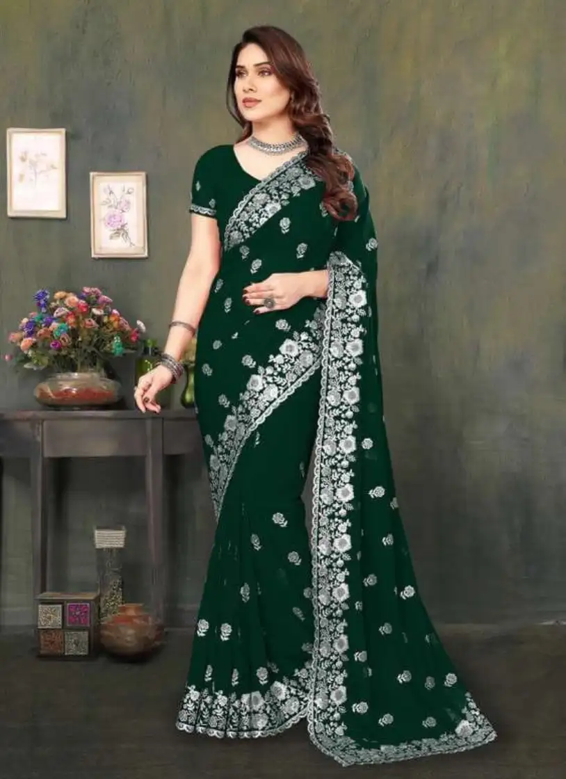 এক্সক্লুসিভ ইন্ডিয়ান ওয়েটলেস জর্জেট সবুজ এমব্রয়ডারি এবং স্টোন করা পার্টি শাড়ি