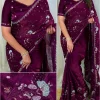 এক্সক্লুসিভ ইন্ডিয়ান সফট বেগুনী কালার অরগাঞ্জা ফেব্রিকের মধ্যে গর্জিয়াস সিকুয়েন্স এমব্রয়ডারি কাজ করা পার্টি শাড়ি