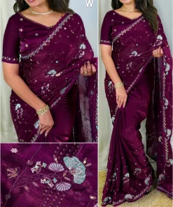 এক্সক্লুসিভ ইন্ডিয়ান সফট বেগুনী কালার অরগাঞ্জা ফেব্রিকের মধ্যে গর্জিয়াস সিকুয়েন্স এমব্রয়ডারি কাজ করা পার্টি শাড়ি