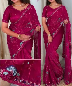 এক্সক্লুসিভ ইন্ডিয়ান সফট রানী গোলাপী কালার অরগাঞ্জা ফেব্রিকের মধ্যে গর্জিয়াস সিকুয়েন্স এমব্রয়ডারি কাজ করা পার্টি শাড়ি