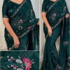 এক্সক্লুসিভ ইন্ডিয়ান সফট সবুজ কালার অরগাঞ্জা ফেব্রিকের মধ্যে গর্জিয়াস সিকুয়েন্স এমব্রয়ডারি কাজ করা পার্টি শাড়ি