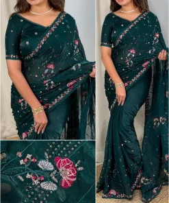 এক্সক্লুসিভ ইন্ডিয়ান সফট সবুজ কালার অরগাঞ্জা ফেব্রিকের মধ্যে গর্জিয়াস সিকুয়েন্স এমব্রয়ডারি কাজ করা পার্টি শাড়ি