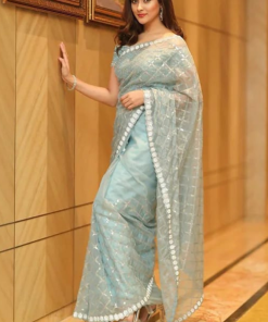 এক্সক্লুসিভ ইন্ডিয়ান সফট পেস্ট অরগাঞ্জা ফেব্রিকের মধ্যে গর্জিয়াস  সিকুয়েন্স এমব্রয়ডারি কাজ করা পার্টি শাড়ি