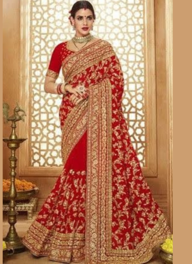 এক্সক্লুসিভ ইন্ডিয়ান ওয়েটলেস জর্জেট লাল এমব্রয়ডারি করা পার্টি শাড়ি