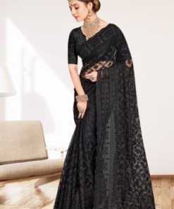 এক্সক্লুসিভ ইন্ডিয়ান ইন্ডিয়ান বিচিত্রা সিল্ক কালো এমব্রয়ডারি এবং স্টোন কাজ করা পার্টি শাড়ি