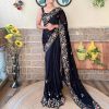 এক্সক্লুসিভ ইন্ডিয়ান সফট ব্ল্যাক কালার অরগাঞ্জা ফেব্রিকের মধ্যে গর্জিয়াস সিকুয়েন্স এমব্রয়ডারি কাজ করা পার্টি শাড়ি