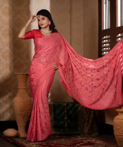 পিংক কালার ওয়েটলেস সফট চিনিগুড়া সিল্ক ফেব্রিক এমব্রয়ডারি কাজ করা পার্টি শাড়ি