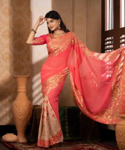 পিংক কালার ওয়েটলেস সফট জর্জেট ফেব্রিক এমব্রয়ডারি কাজ করা পার্টি শাড়ি